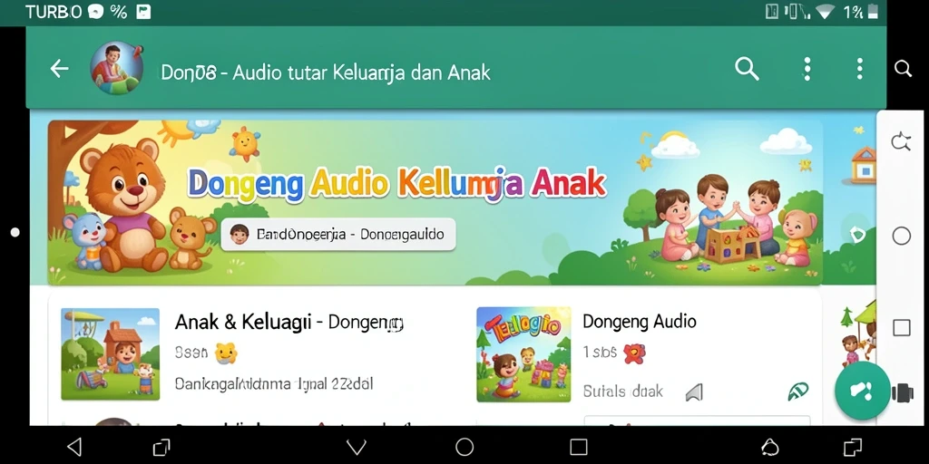 Tampilan antarmuka TURBO78 yang ramah anak dengan koleksi dongeng audio.